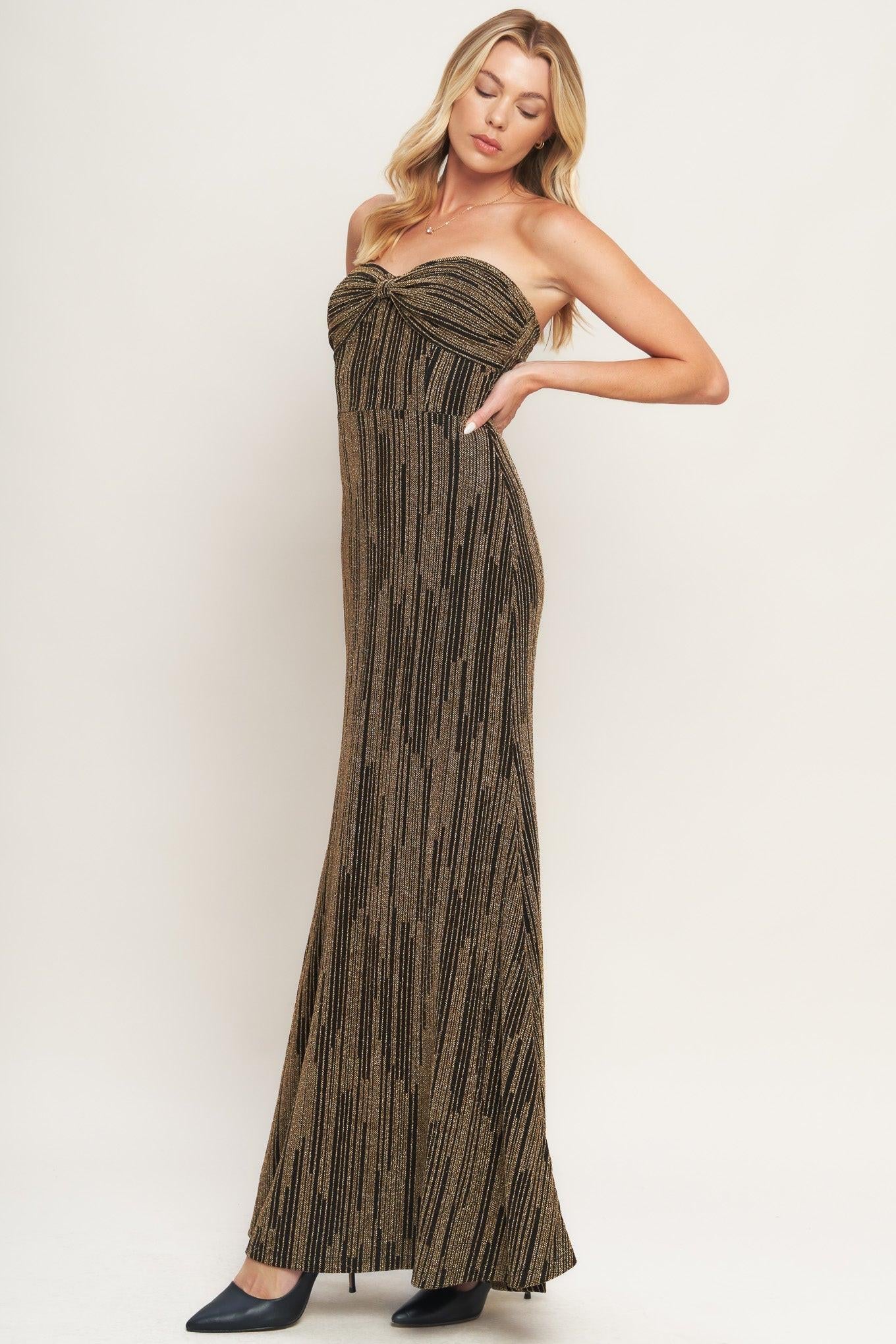 Sacred Promises Metallic Woven Maxi Dress in black gold, view 3 — Soul Flow Apparel