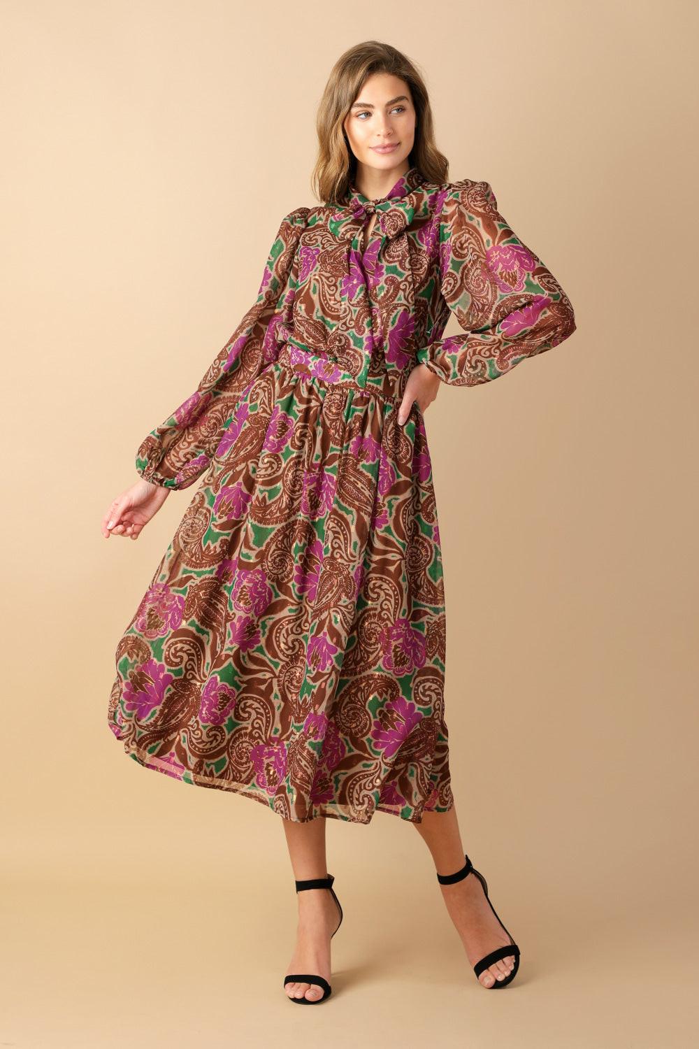 Drifting Thoughts Woven Midi Dress in green brown, view 1 — Soul Flow Apparel