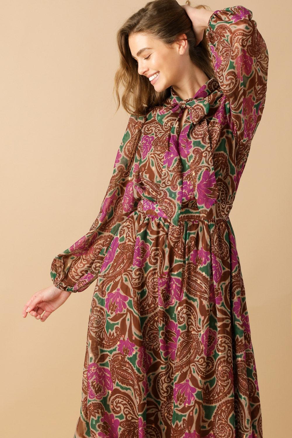 Drifting Thoughts Woven Midi Dress in green brown, view 2 — Soul Flow Apparel