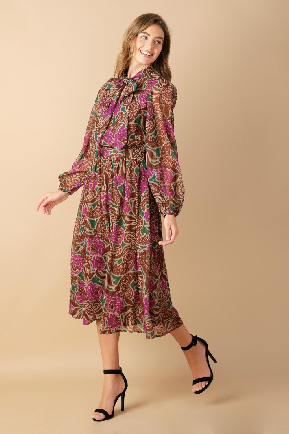 Drifting Thoughts Woven Midi Dress in green brown, view 3 — Soul Flow Apparel
