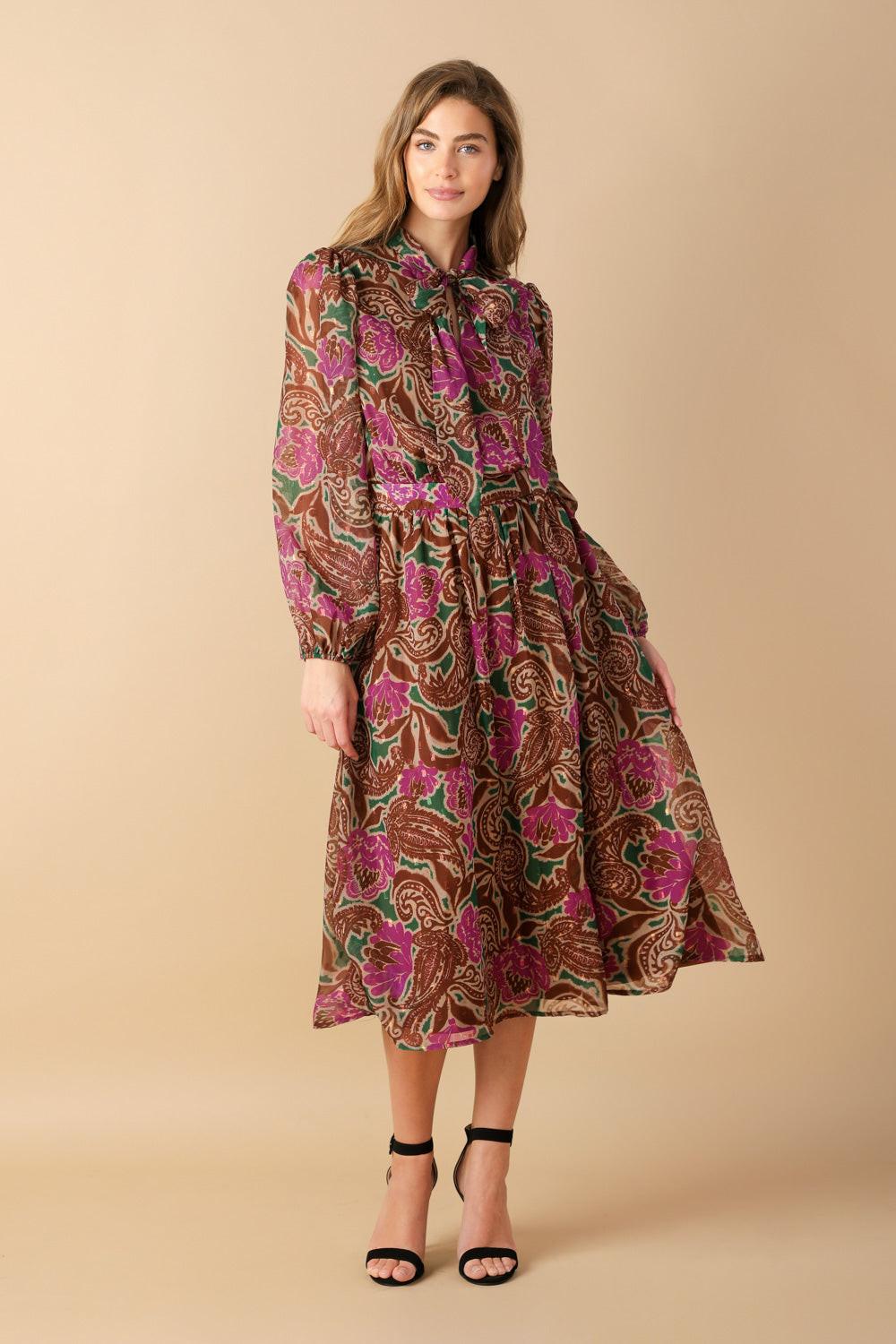 Drifting Thoughts Woven Midi Dress in green brown, view 4 — Soul Flow Apparel