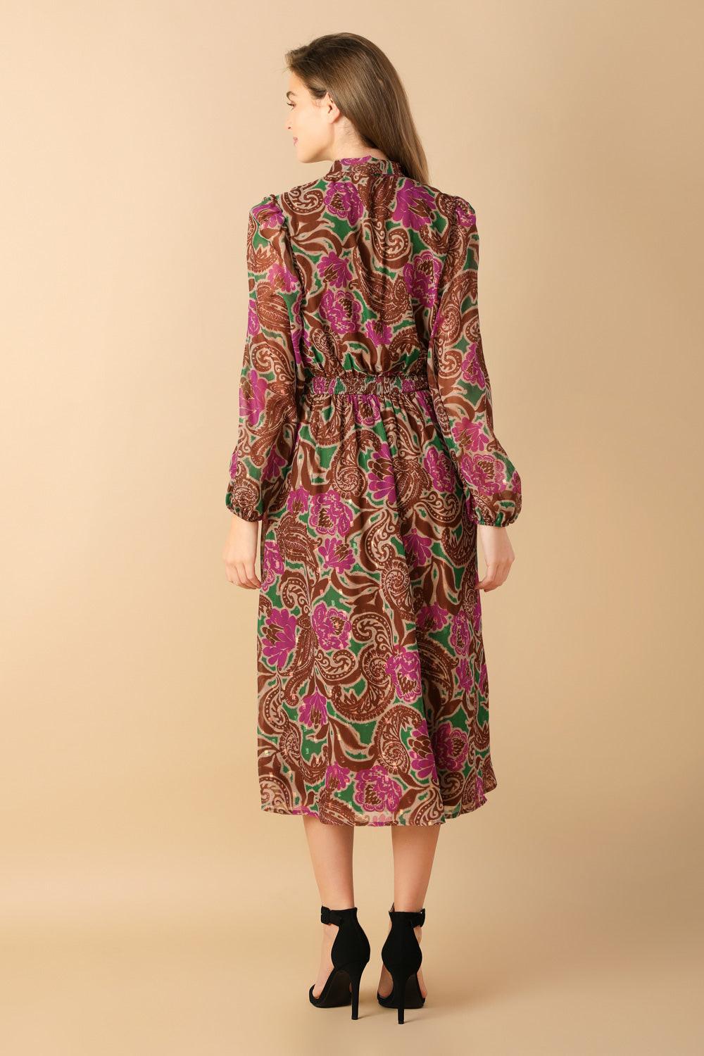 Drifting Thoughts Woven Midi Dress in green brown, view 5 — Soul Flow Apparel