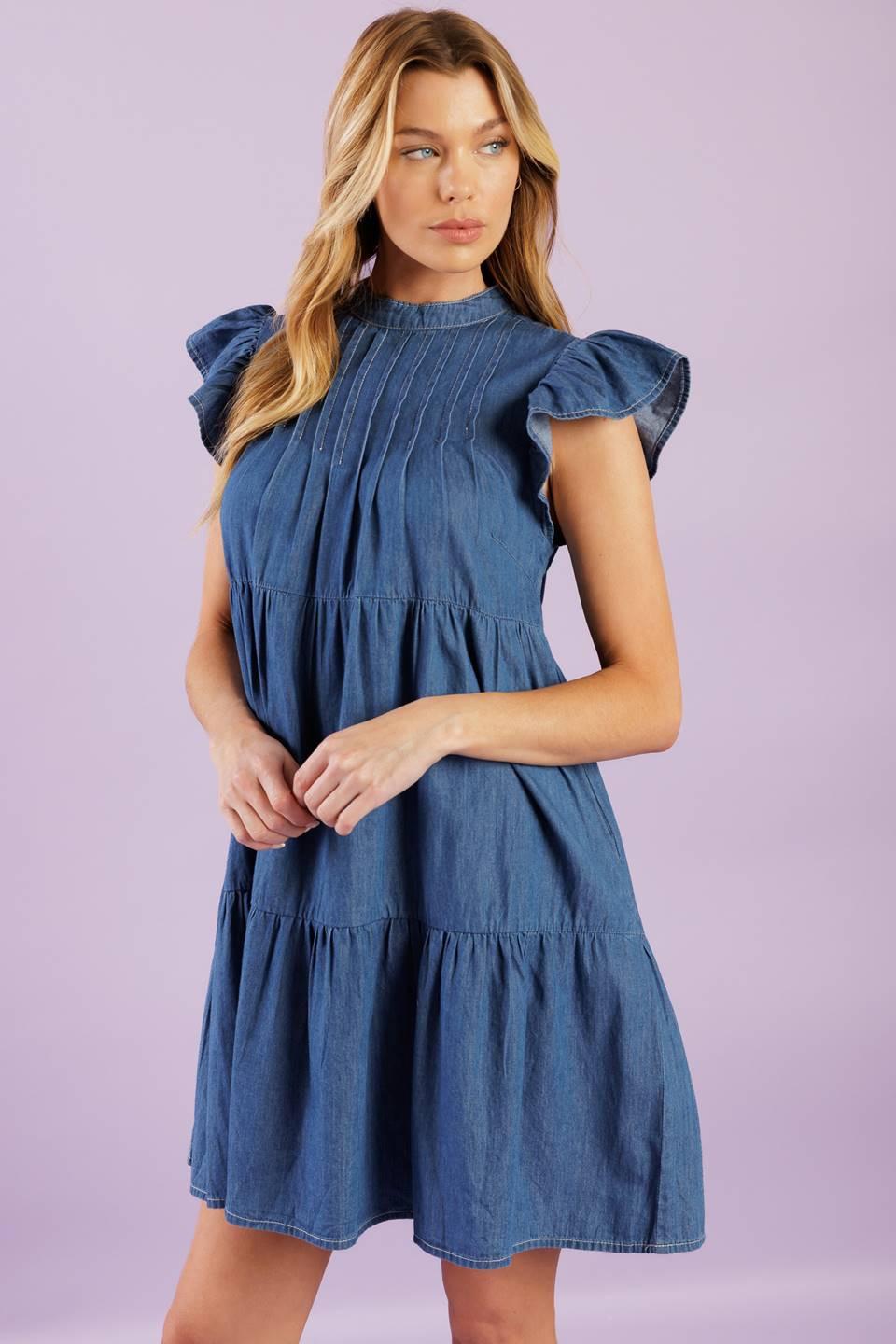Match My Energy Woven Chambray Mini Dress in medium indigo, view 2 — Soul Flow Apparel