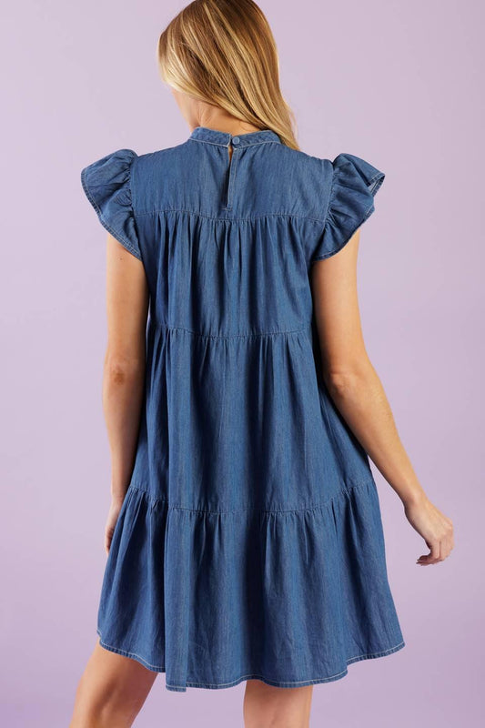 Match My Energy Woven Chambray Mini Dress in medium indigo, view 4 — Soul Flow Apparel