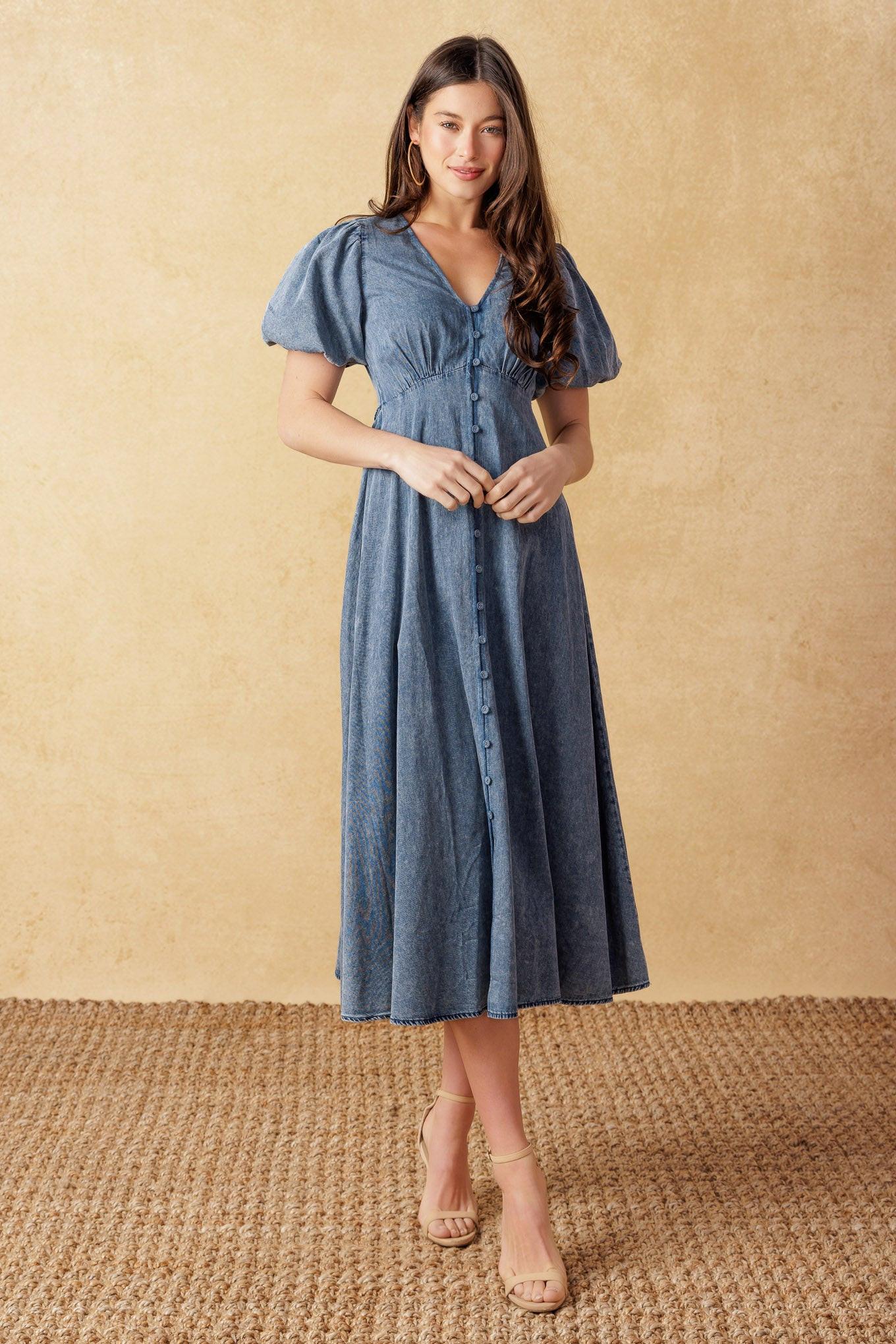 Forever Mine Light Weight Denim Midi Dress in acid blue, view 1 — Soul Flow Apparel