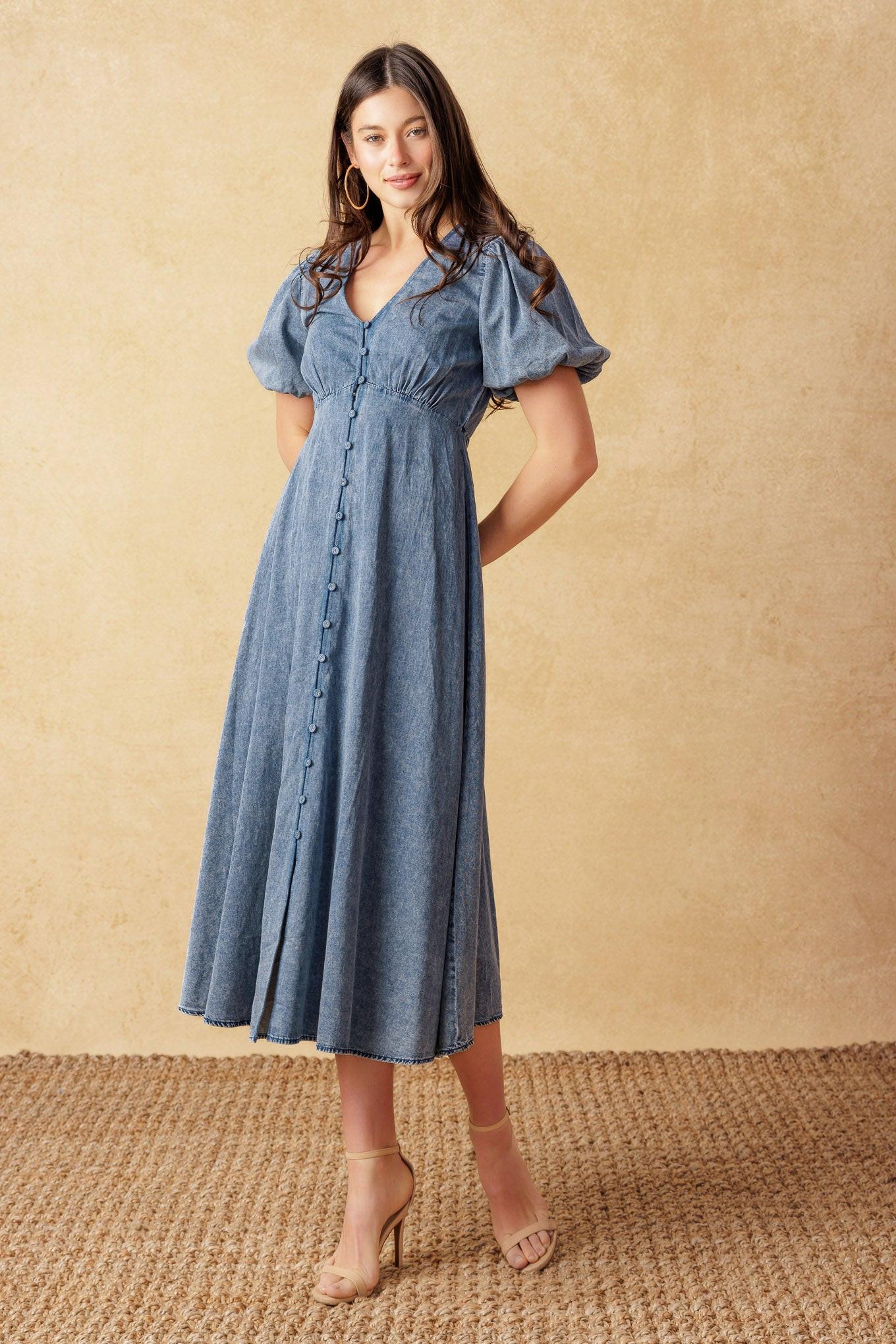 Forever Mine Light Weight Denim Midi Dress in acid blue, view 3 — Soul Flow Apparel