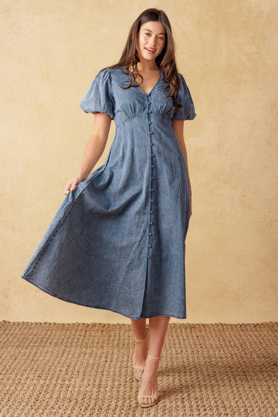 Forever Mine Light Weight Denim Midi Dress in acid blue, view 5 — Soul Flow Apparel