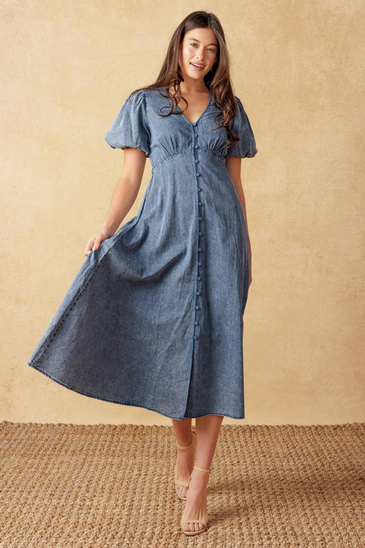 Forever Mine Light Weight Denim Midi Dress in acid blue, view 5 — Soul Flow Apparel