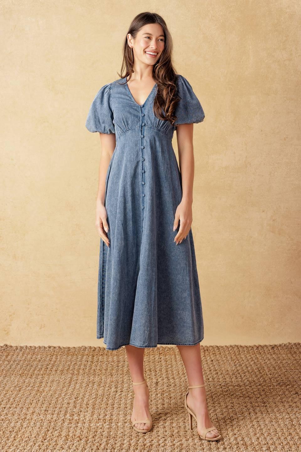 Forever Mine Light Weight Denim Midi Dress in acid blue, view 7 — Soul Flow Apparel