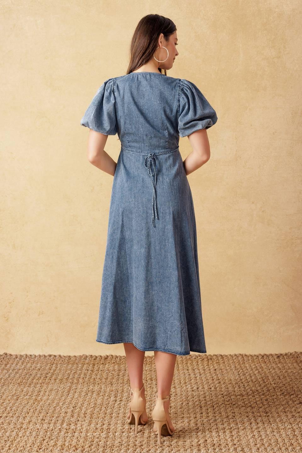 Forever Mine Light Weight Denim Midi Dress in acid blue, view 8 — Soul Flow Apparel