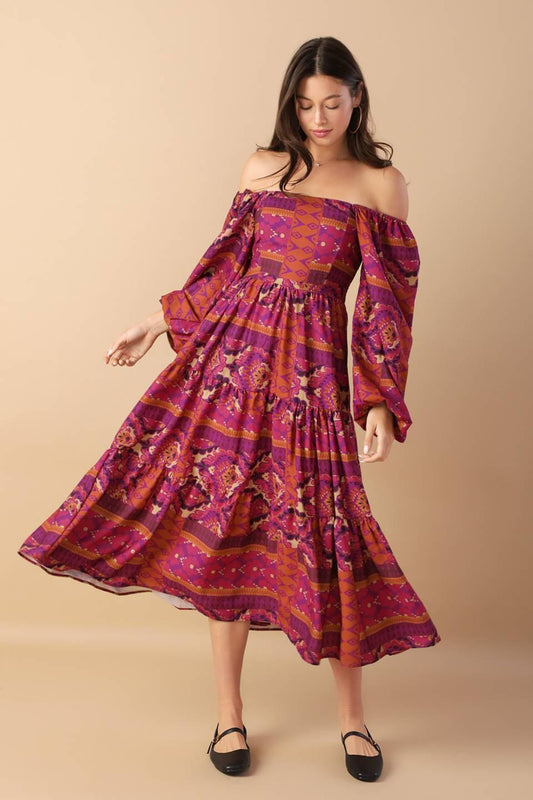 Mellow Moments Woven Midi Dress in magenta, view 2 — Soul Flow Apparel