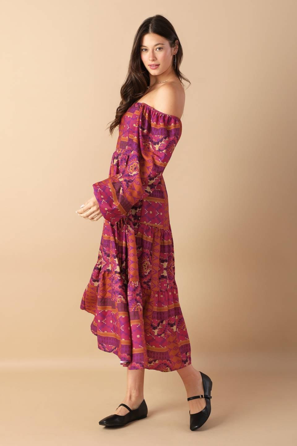 Mellow Moments Woven Midi Dress in magenta, view 3 — Soul Flow Apparel