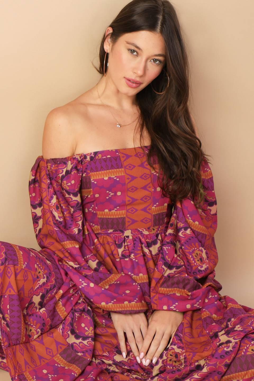 Mellow Moments Woven Midi Dress in magenta, view 6 — Soul Flow Apparel