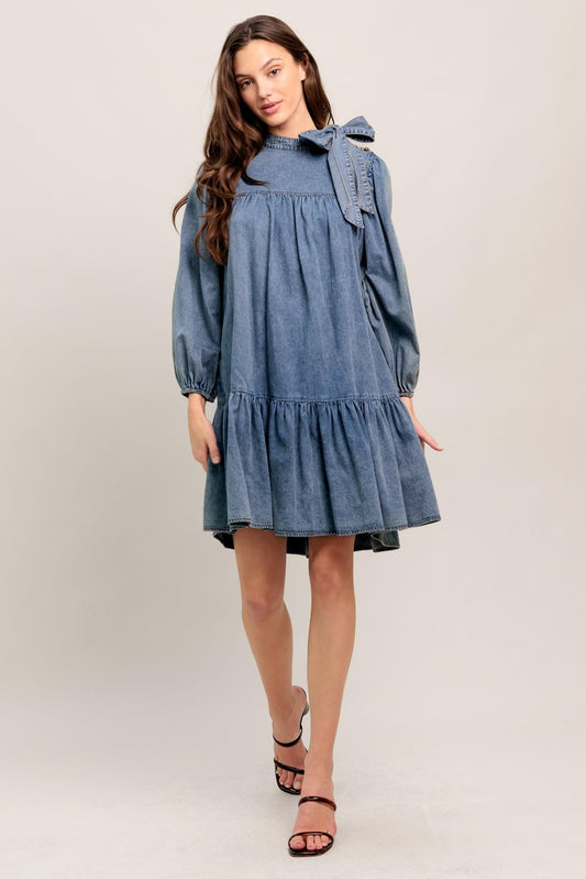 Common Ground Light Weight Denim Mini Dress in dark indigo, view 1 — Soul Flow Apparel
