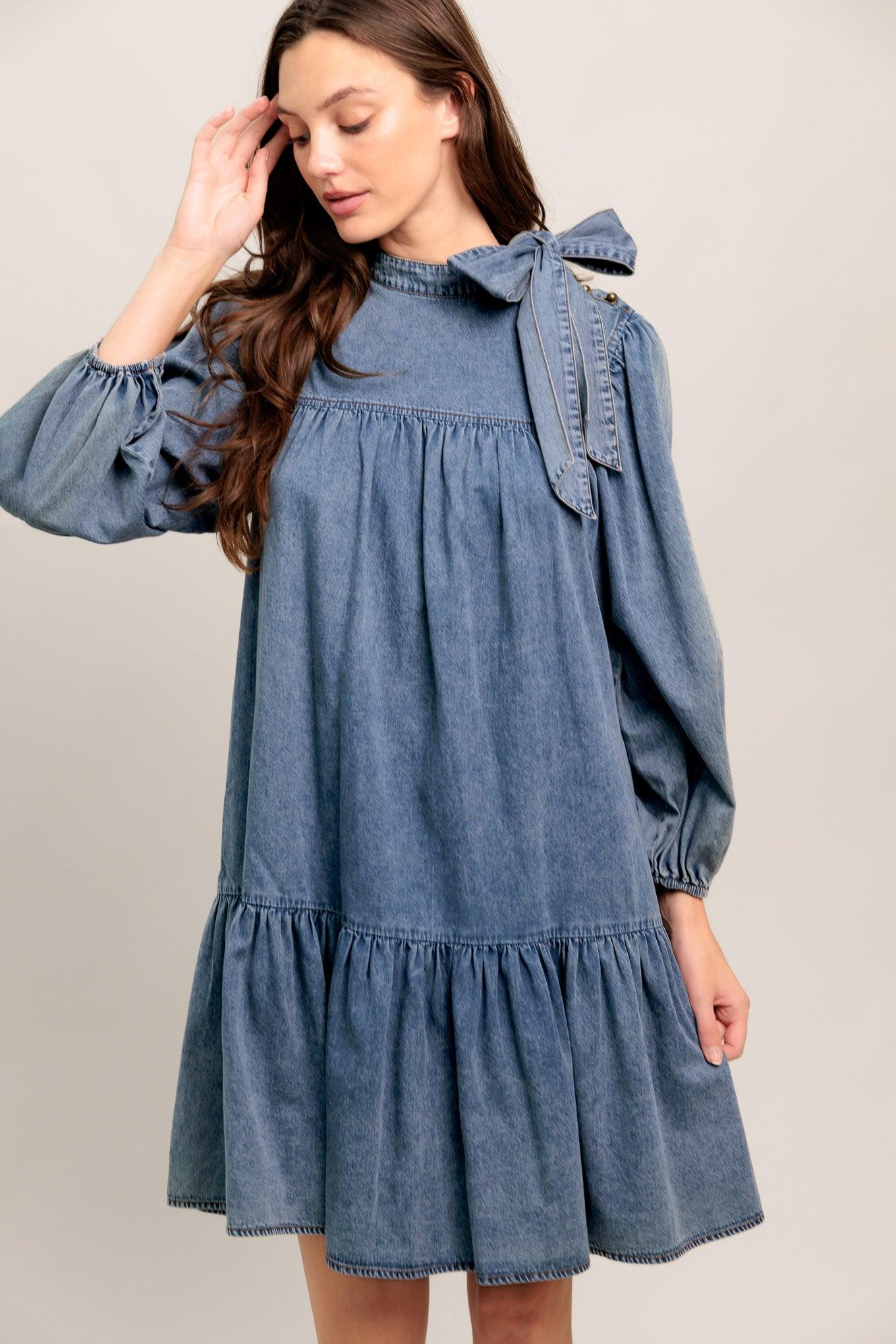 Common Ground Light Weight Denim Mini Dress in dark indigo, view 2 — Soul Flow Apparel