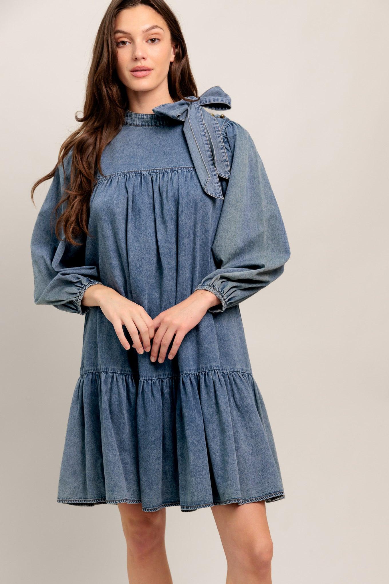 Common Ground Light Weight Denim Mini Dress in dark indigo, view 3 — Soul Flow Apparel