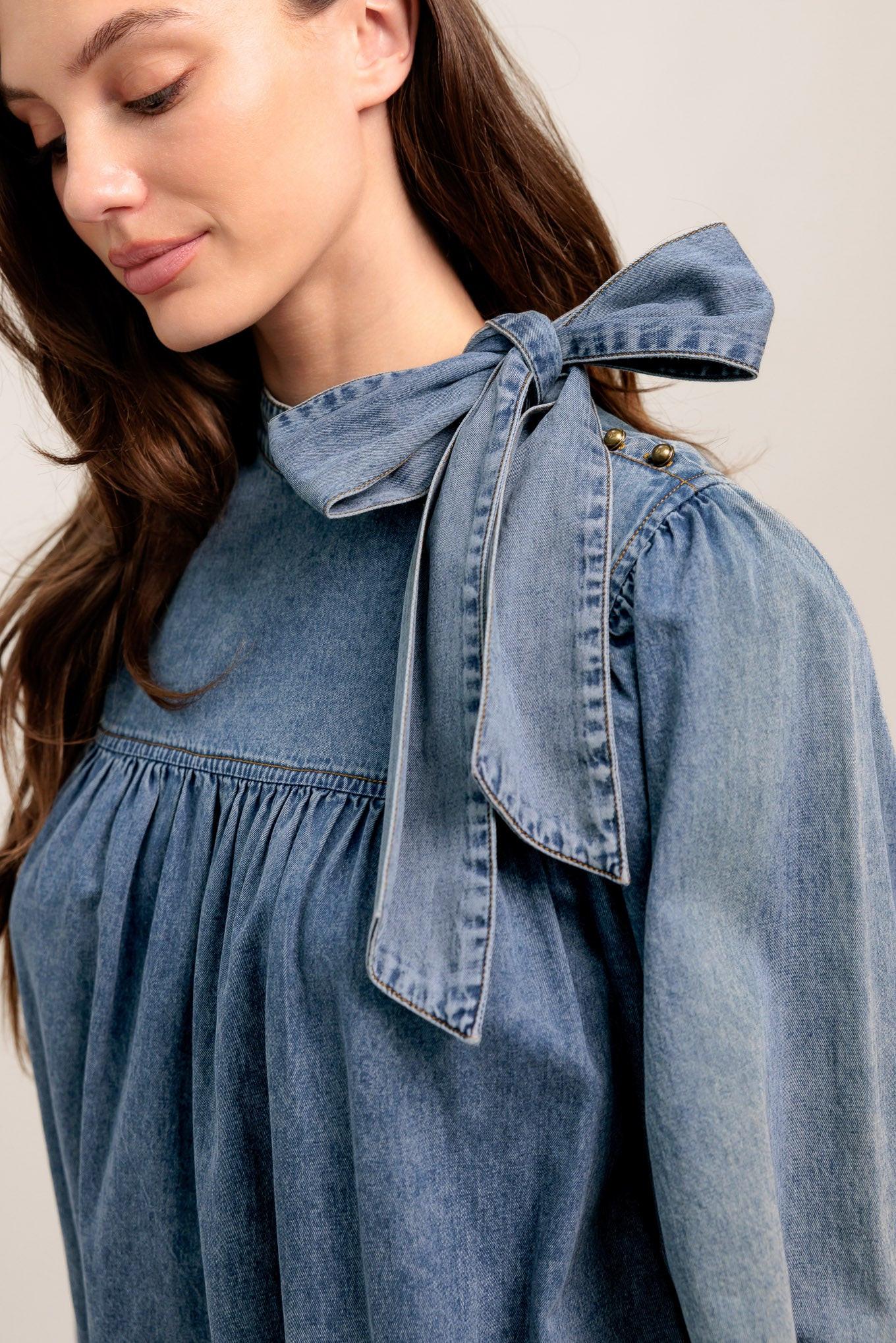Common Ground Light Weight Denim Mini Dress in dark indigo, view 4 — Soul Flow Apparel