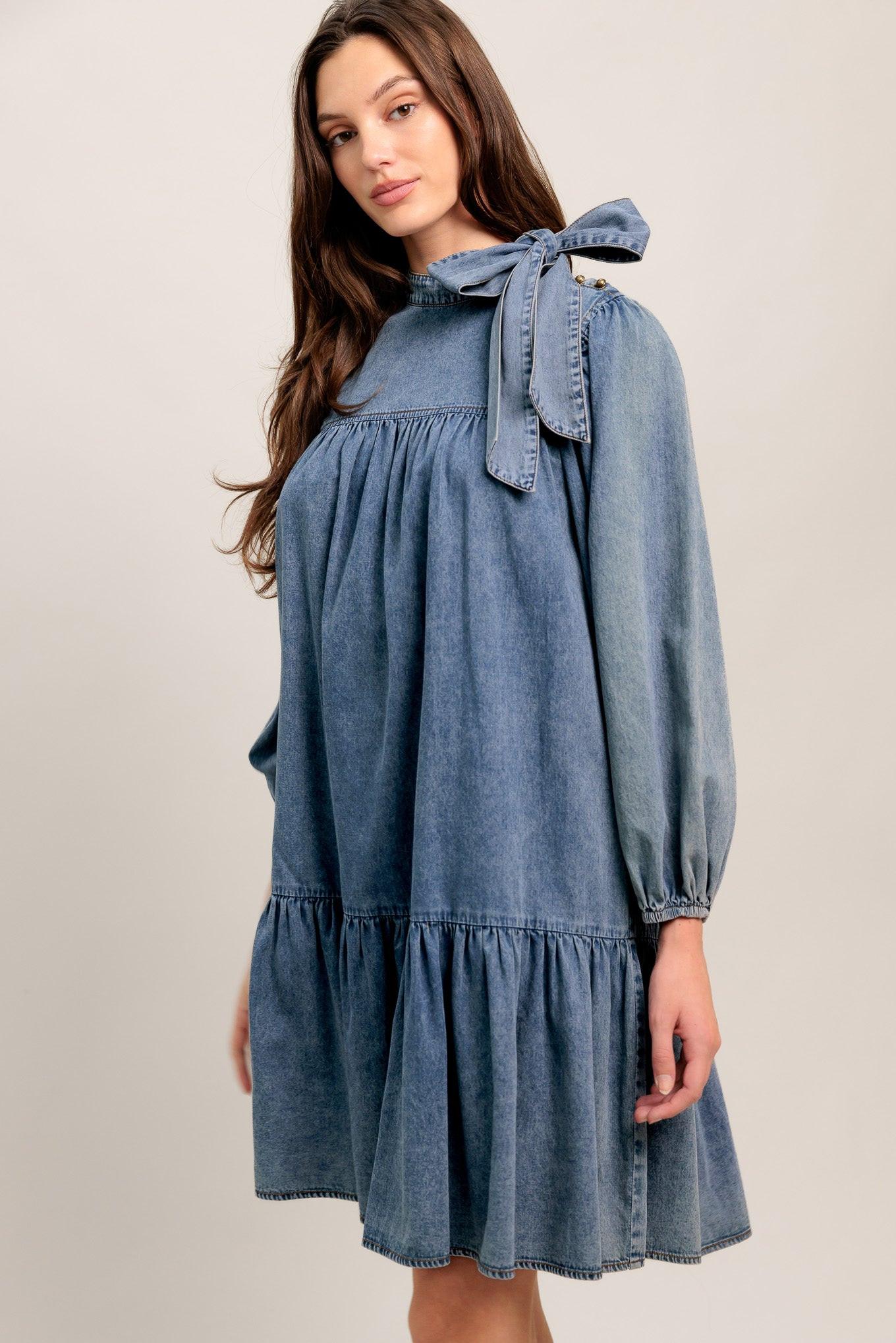 Common Ground Light Weight Denim Mini Dress in dark indigo, view 5 — Soul Flow Apparel