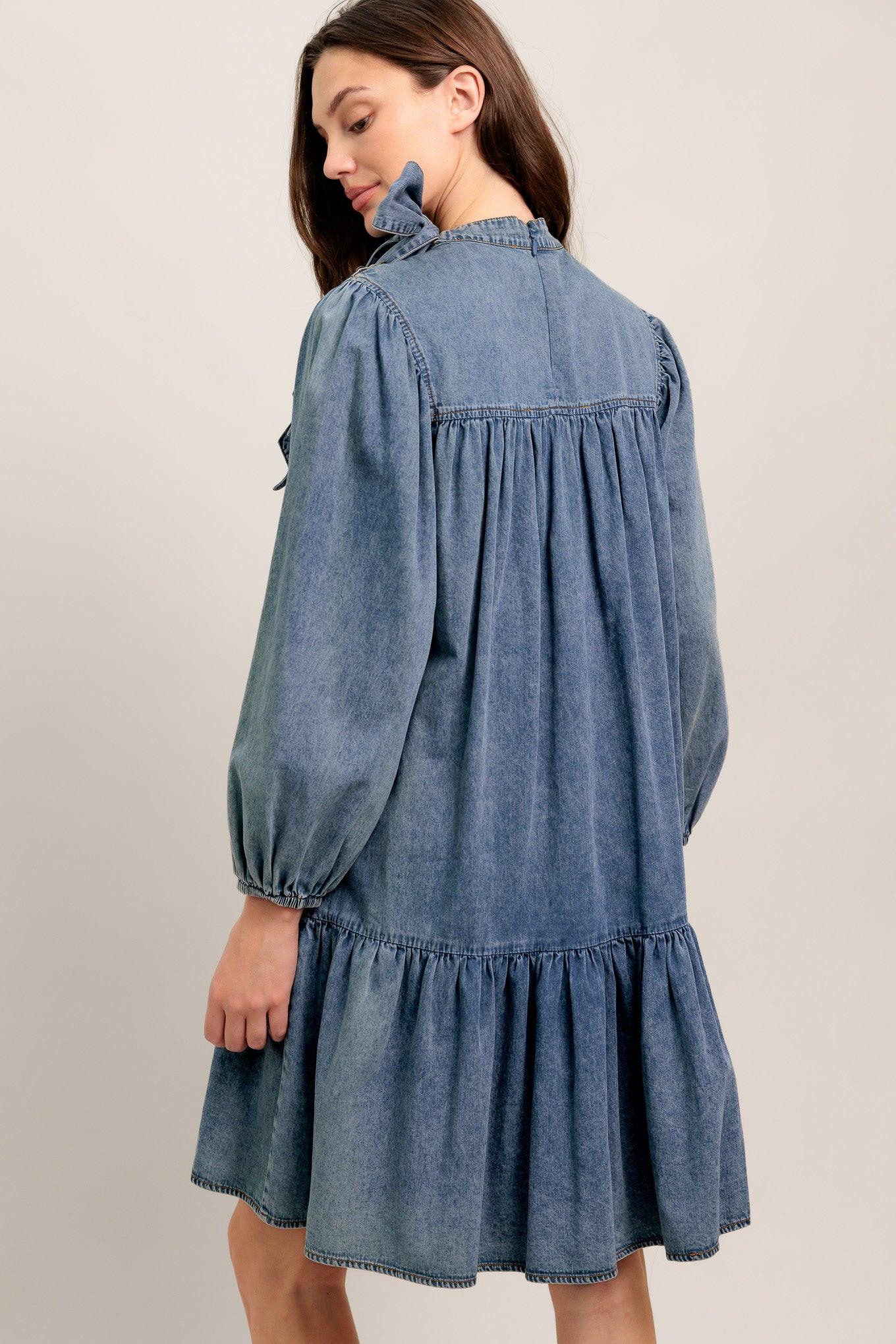 Common Ground Light Weight Denim Mini Dress in dark indigo, view 6 — Soul Flow Apparel