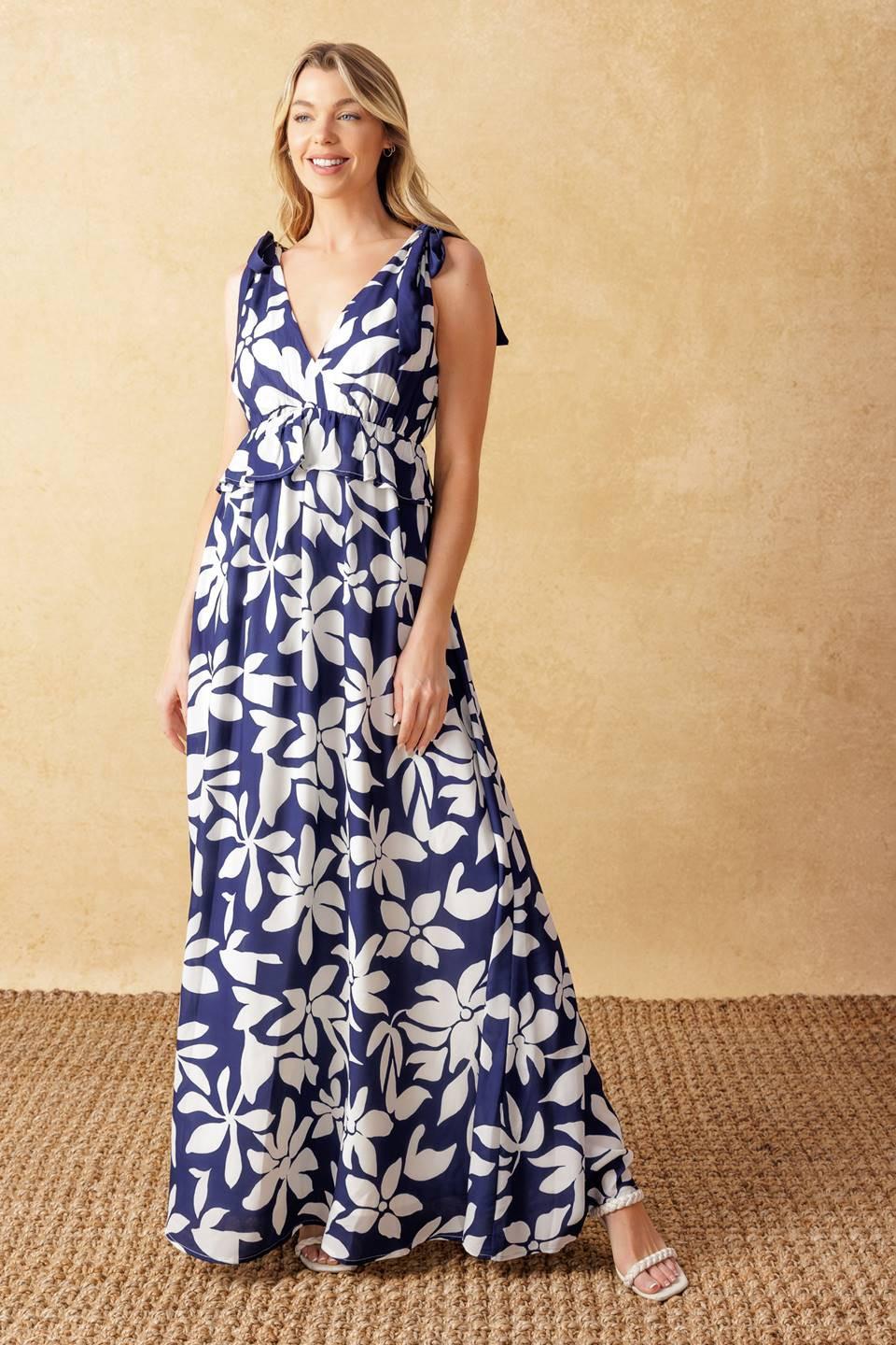 Twilight Venture Woven Maxi Dress in navy white, view 1 — Soul Flow Apparel