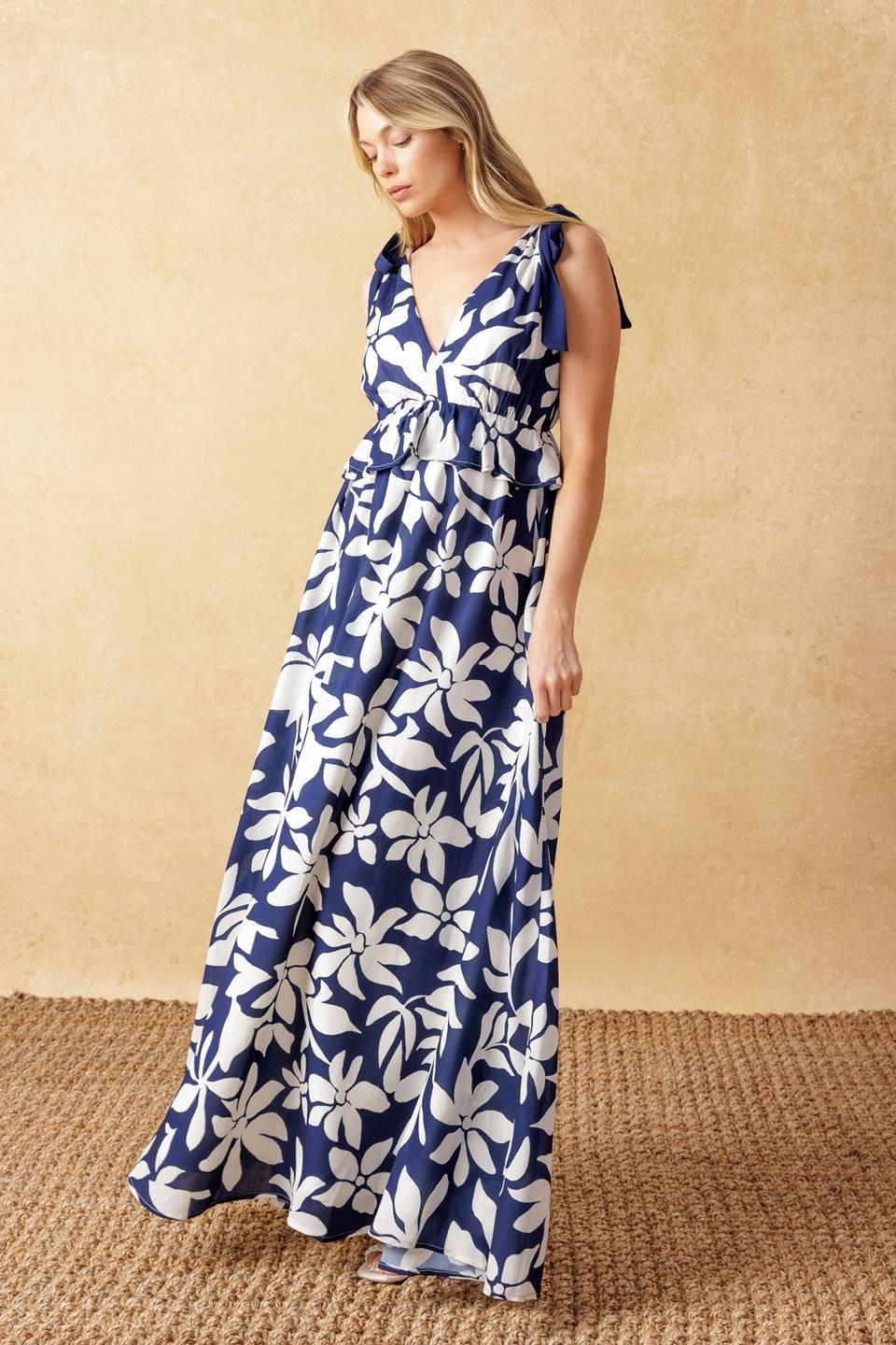 Twilight Venture Woven Maxi Dress in navy white, view 2 — Soul Flow Apparel