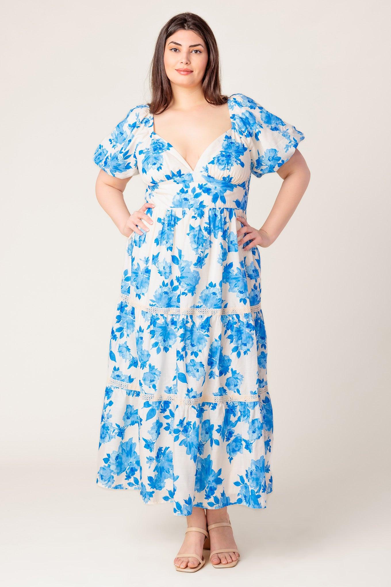 Blooming Day Woven Midi Dress in ivory blue, view 1 — Soul Flow Apparel