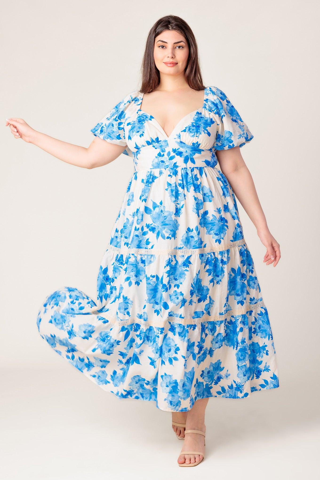 Blooming Day Woven Midi Dress in ivory blue, view 2 — Soul Flow Apparel