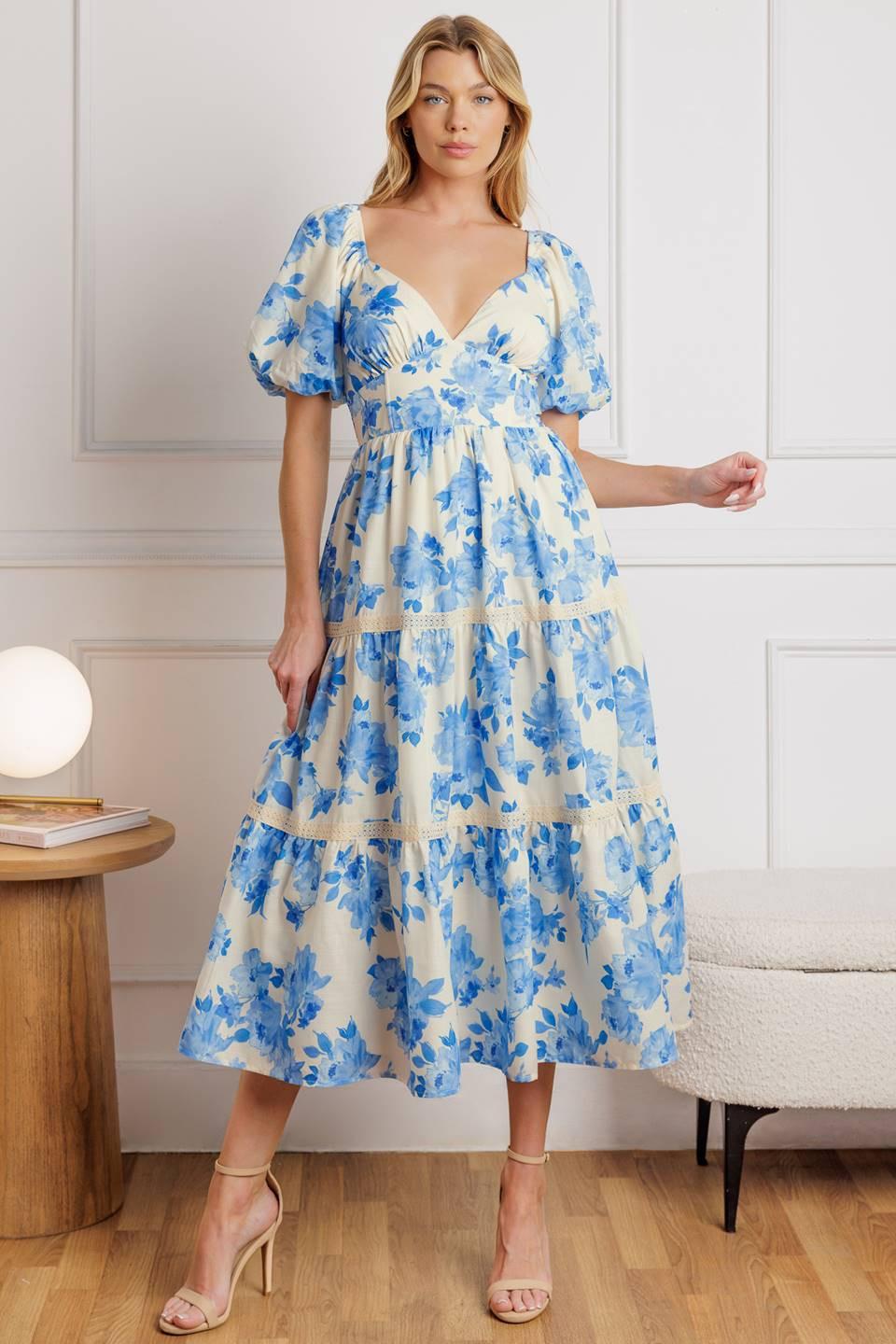 Blooming Day Woven Midi Dress in ivory blue, view 1 — Soul Flow Apparel
