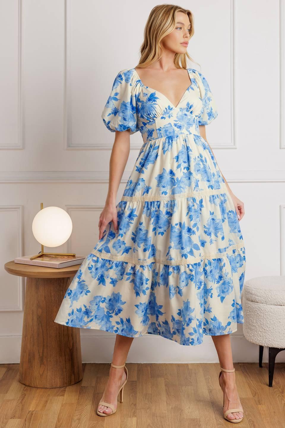 Blooming Day Woven Midi Dress in ivory blue, view 3 — Soul Flow Apparel