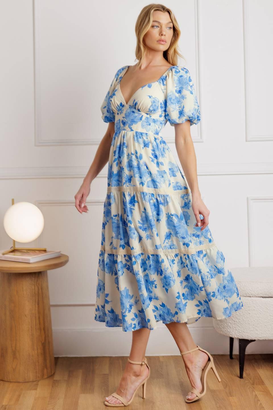 Blooming Day Woven Midi Dress in ivory blue, view 4 — Soul Flow Apparel