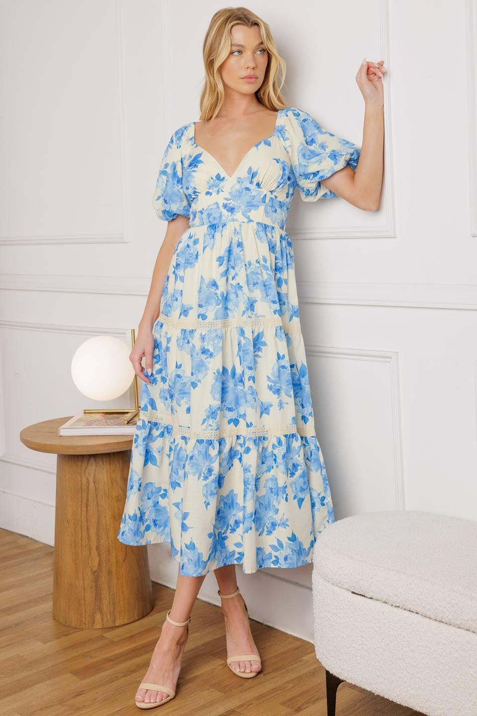 Blooming Day Woven Midi Dress in ivory blue, view 5 — Soul Flow Apparel