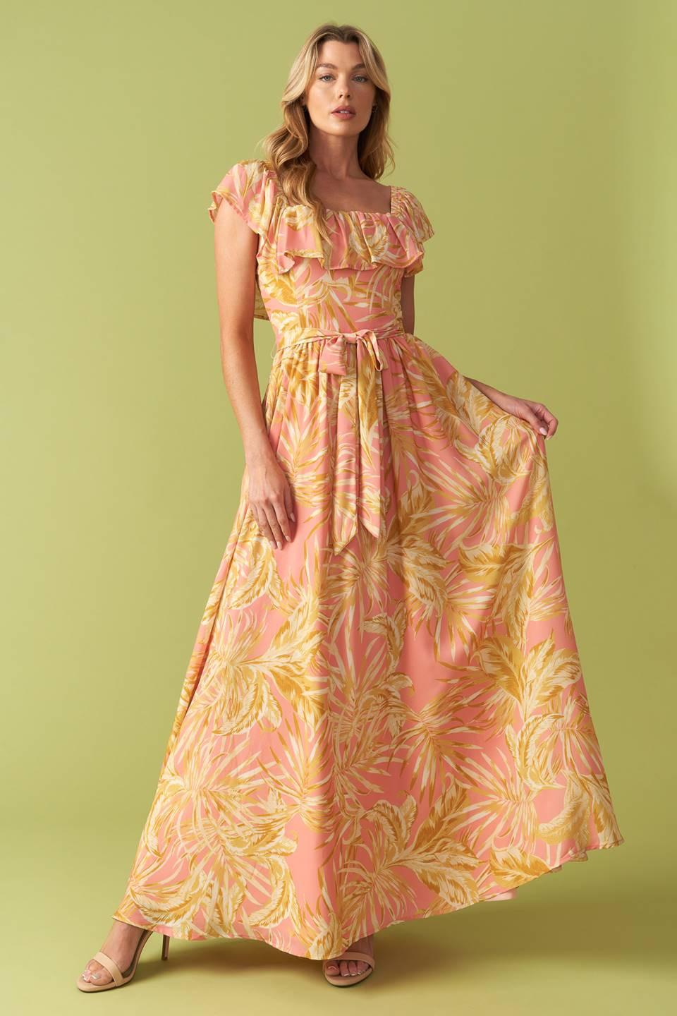 The Art of Balance Woven Midi Dress in pink yellow, view 1 — Soul Flow Apparel