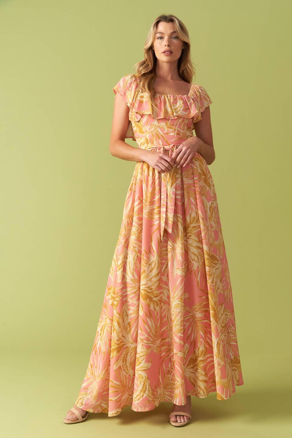 The Art of Balance Woven Midi Dress in pink yellow, view 2 — Soul Flow Apparel