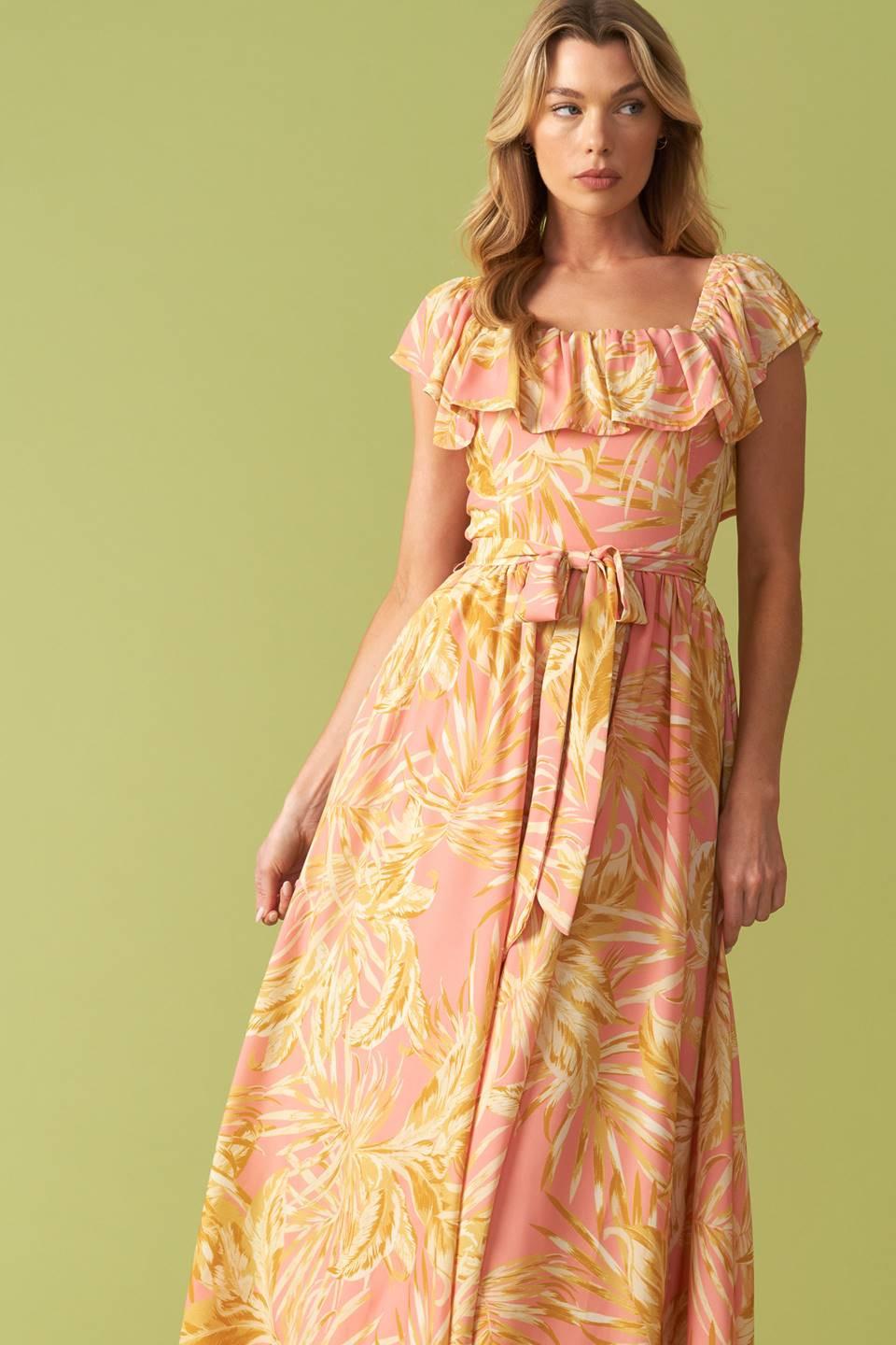 The Art of Balance Woven Midi Dress in pink yellow, view 3 — Soul Flow Apparel