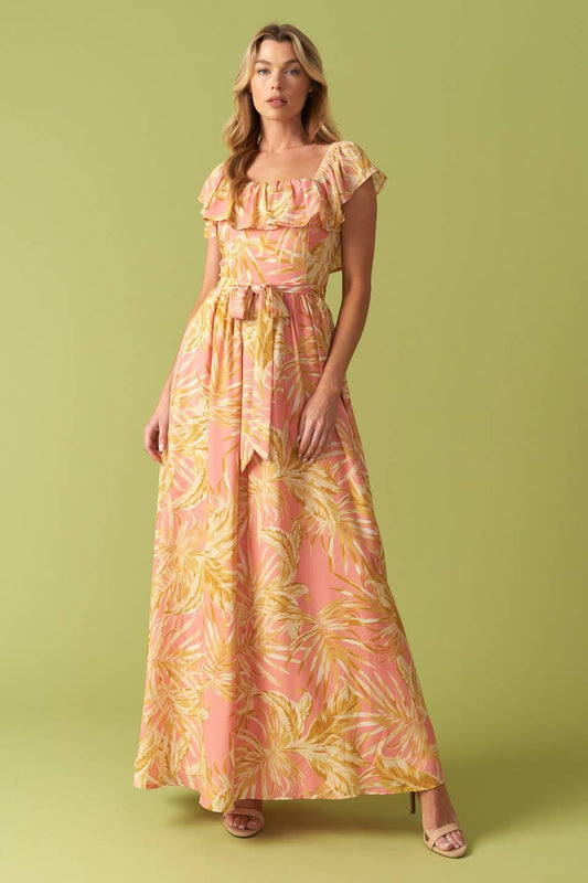 The Art of Balance Woven Midi Dress in pink yellow, view 4 — Soul Flow Apparel