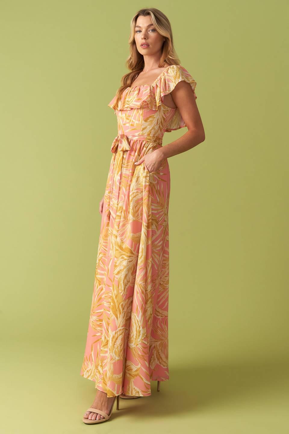 The Art of Balance Woven Midi Dress in pink yellow, view 5 — Soul Flow Apparel