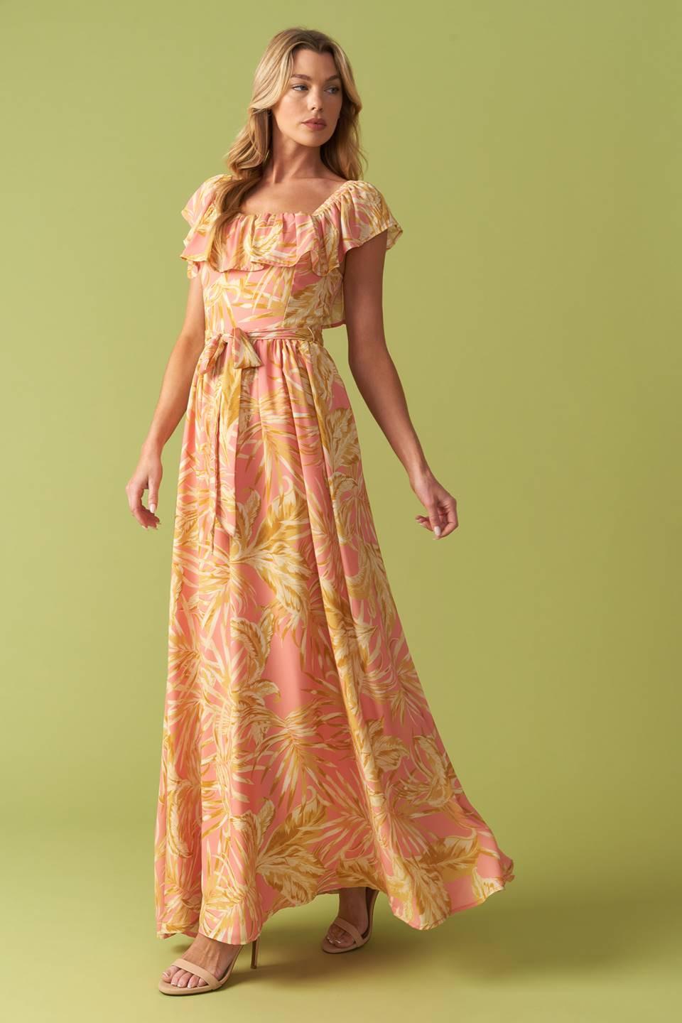 The Art of Balance Woven Midi Dress in pink yellow, view 6 — Soul Flow Apparel