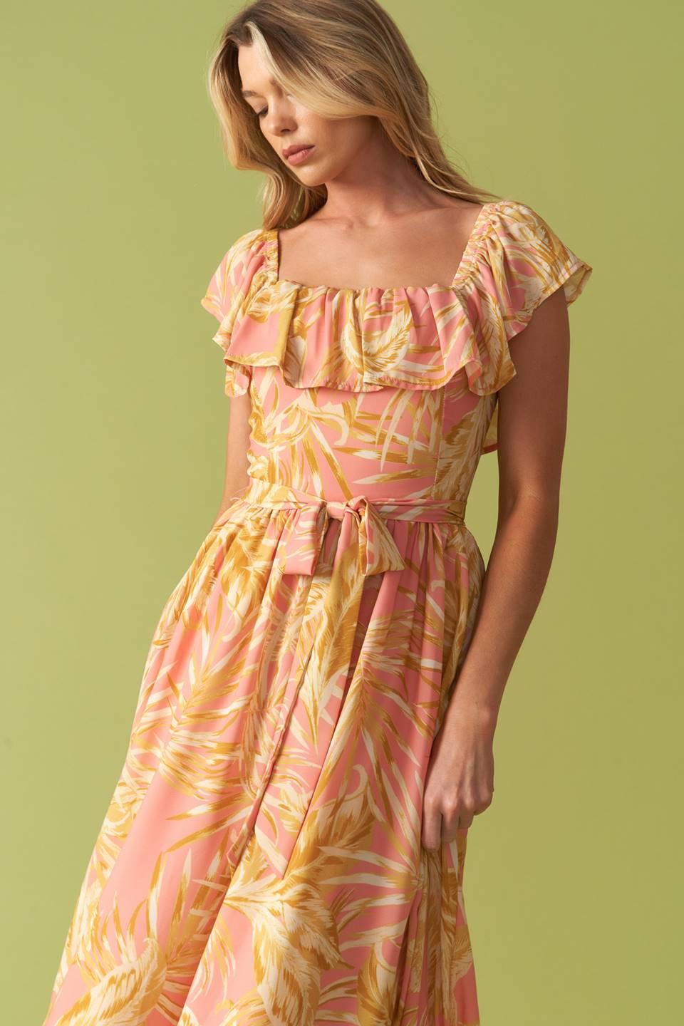 The Art of Balance Woven Midi Dress in pink yellow, view 8 — Soul Flow Apparel