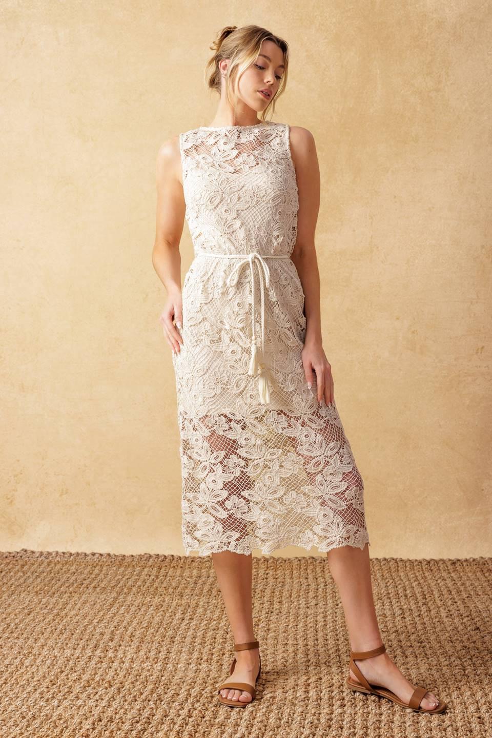 Timeless Treasures Lace Woven Midi Dress in beige, view 2 — Soul Flow Apparel