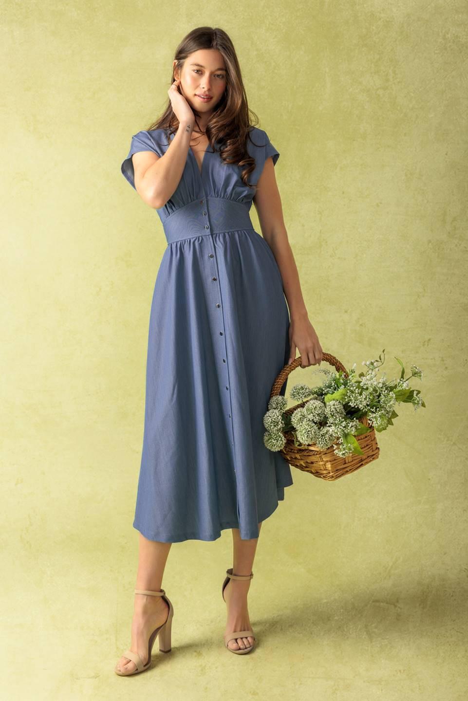 Bright Mornings Woven Midi Dress in slate blue, view 5 — Soul Flow Apparel