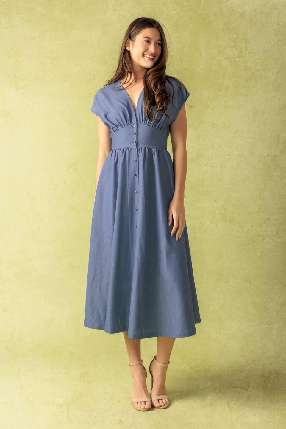 Bright Mornings Woven Midi Dress in slate blue, view 6 — Soul Flow Apparel
