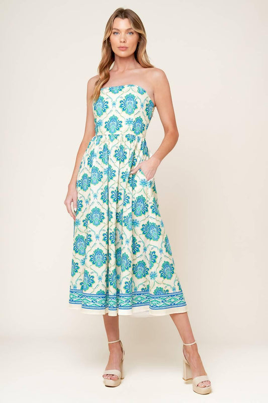 Thriving Poise Woven Midi Dress in off-white blue green, view 1 — Soul Flow Apparel