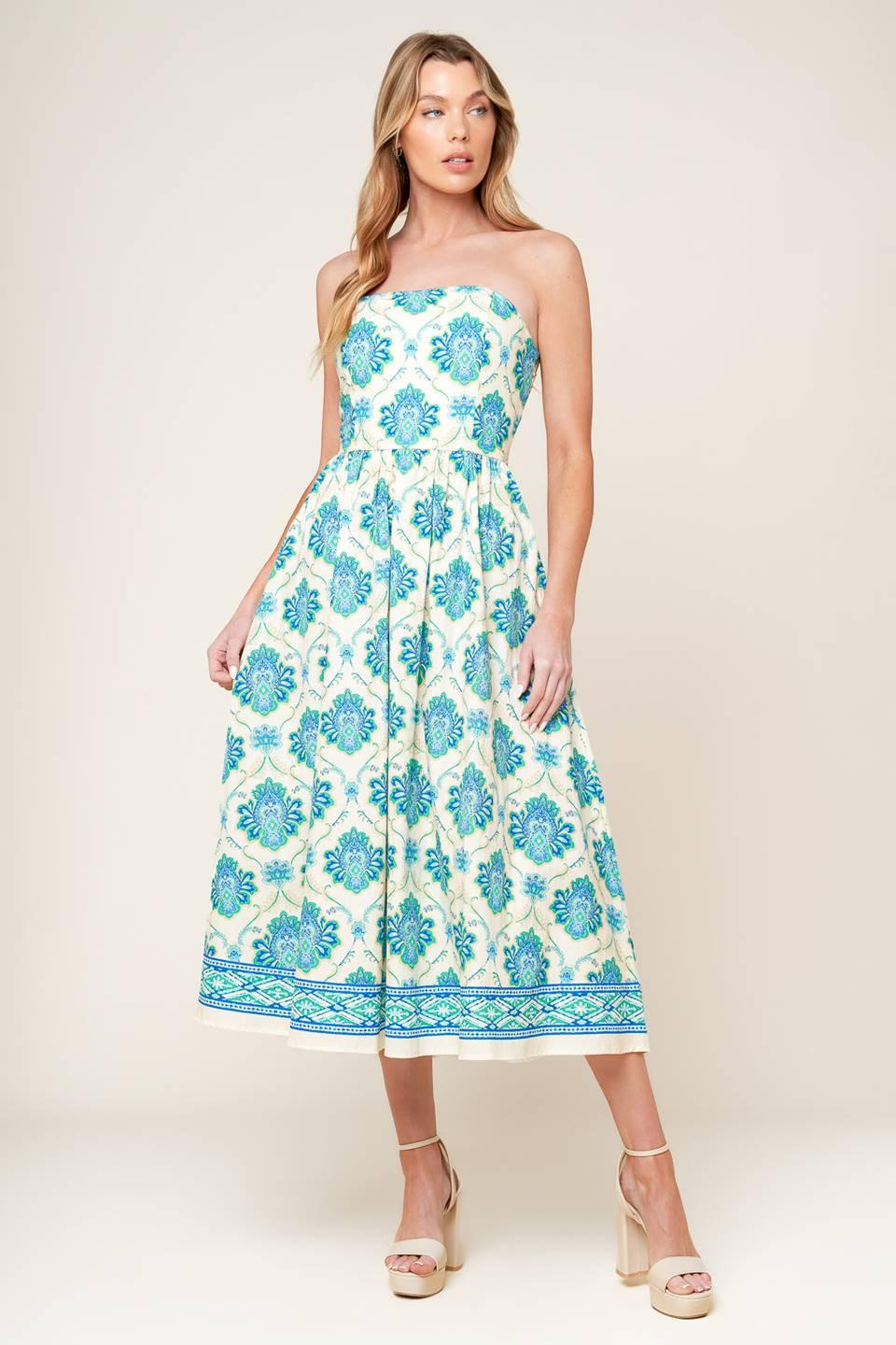 Thriving Poise Woven Midi Dress in off-white blue green, view 2 — Soul Flow Apparel