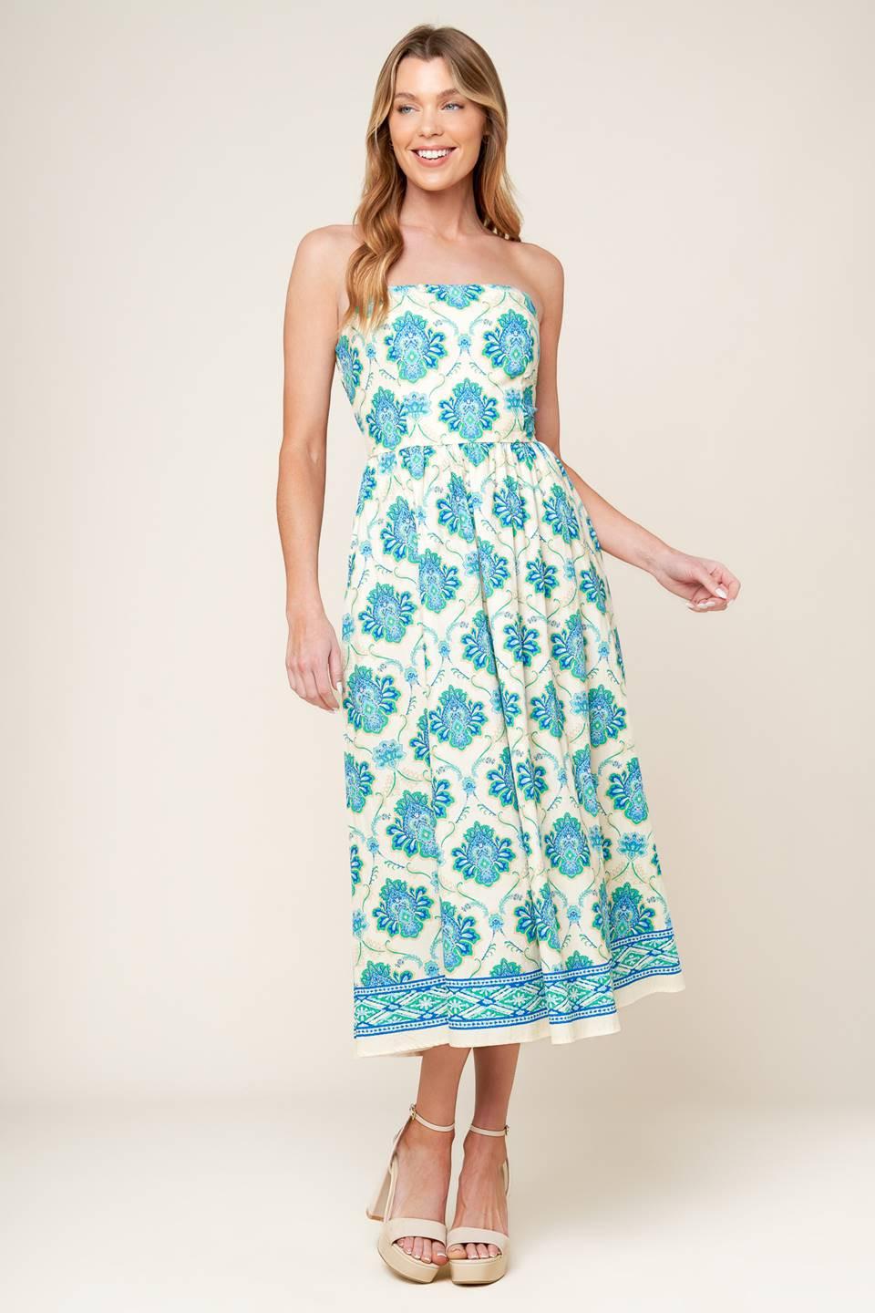 Thriving Poise Woven Midi Dress in off-white blue green, view 3 — Soul Flow Apparel