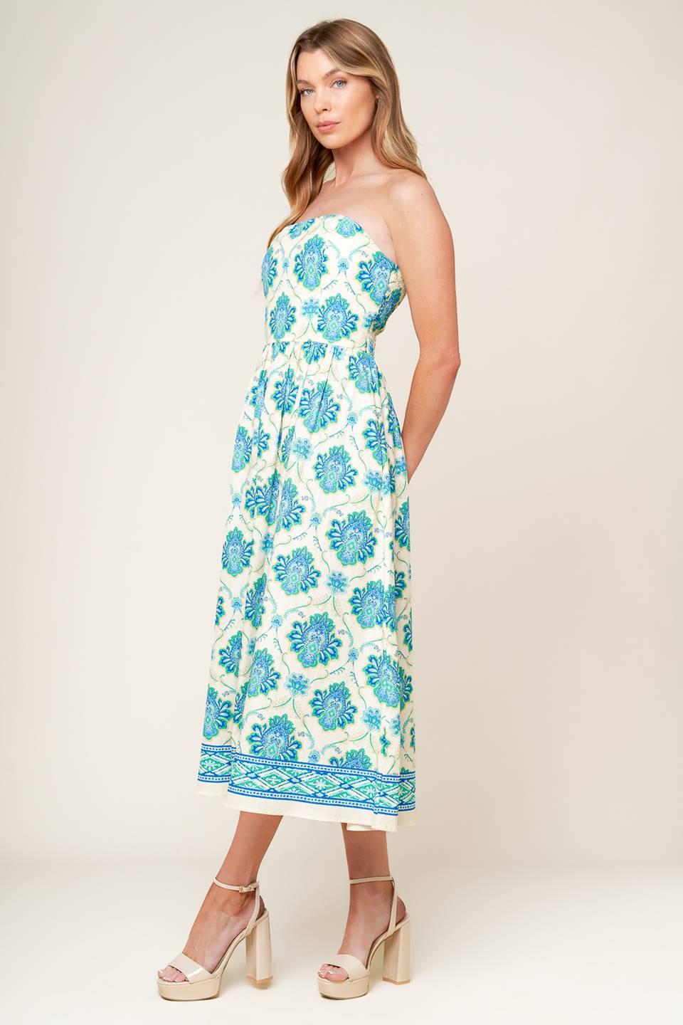 Thriving Poise Woven Midi Dress in off-white blue green, view 4 — Soul Flow Apparel