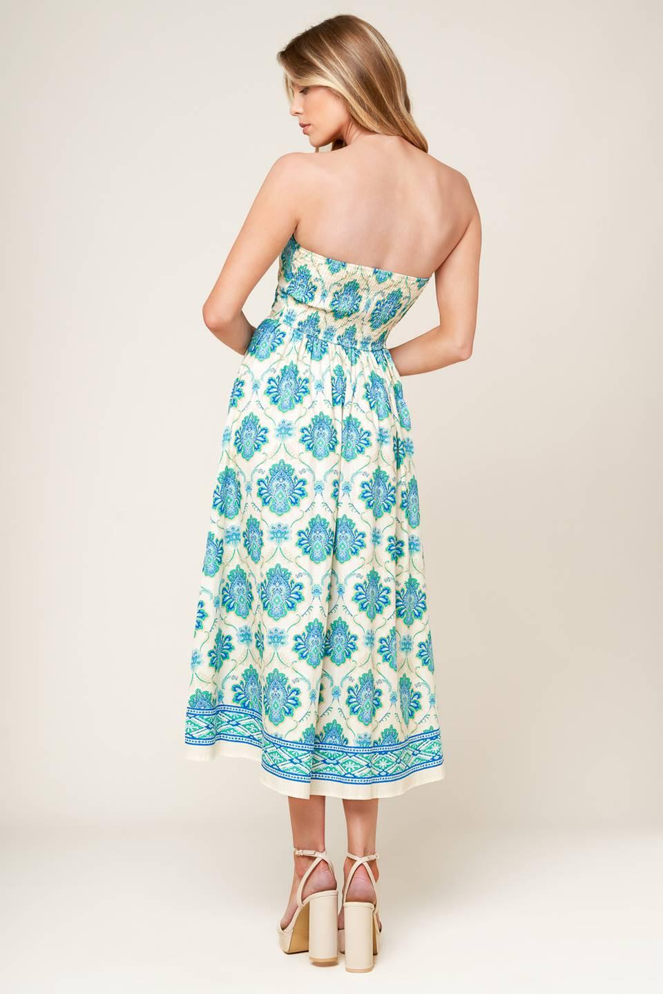 Thriving Poise Woven Midi Dress in off-white blue green, view 5 — Soul Flow Apparel