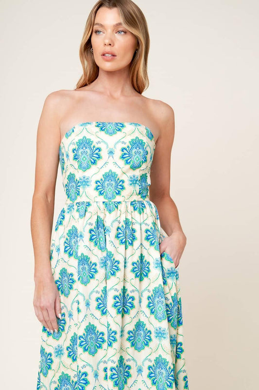 Thriving Poise Woven Midi Dress in off-white blue green, view 6 — Soul Flow Apparel