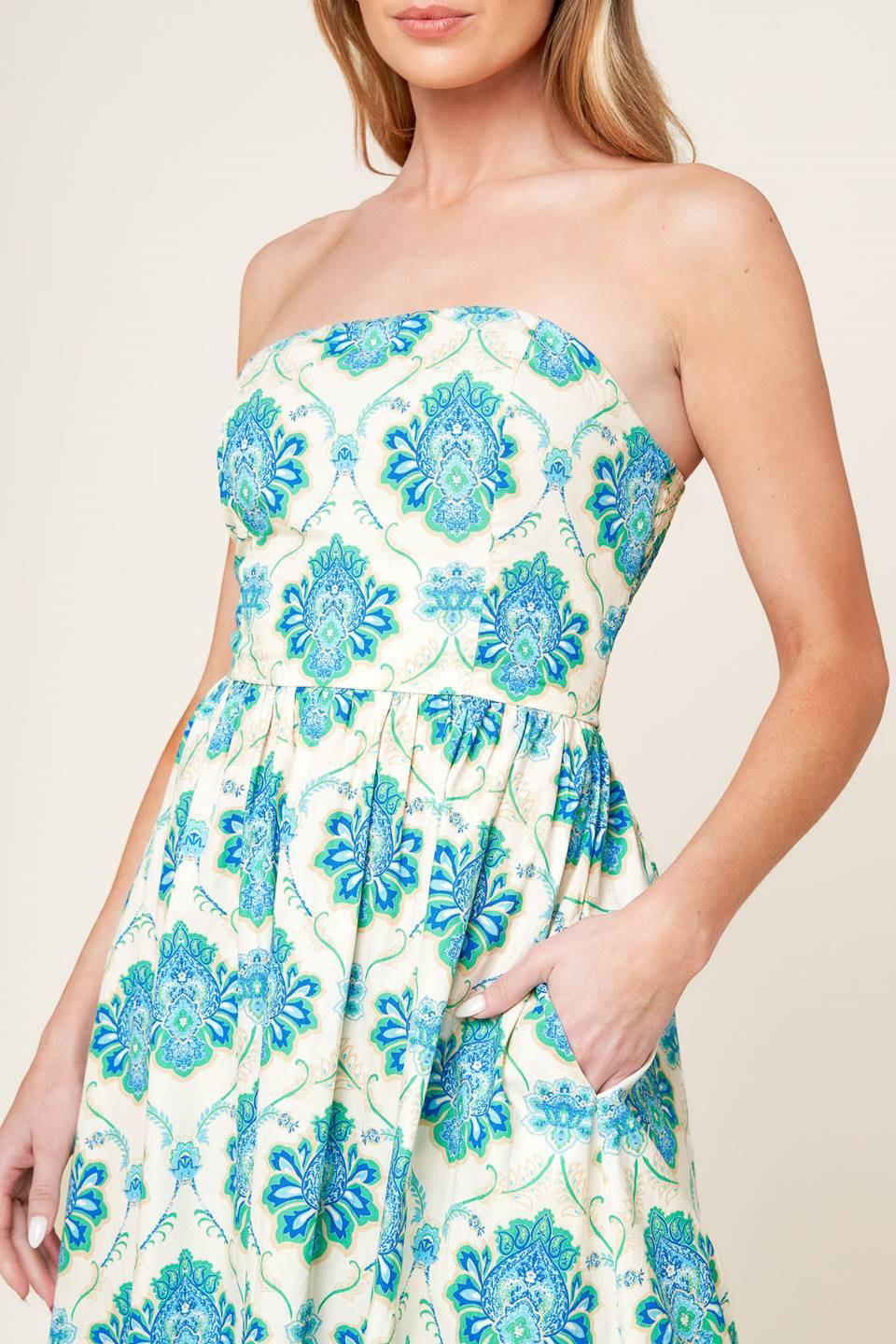 Thriving Poise Woven Midi Dress in off-white blue green, view 7 — Soul Flow Apparel