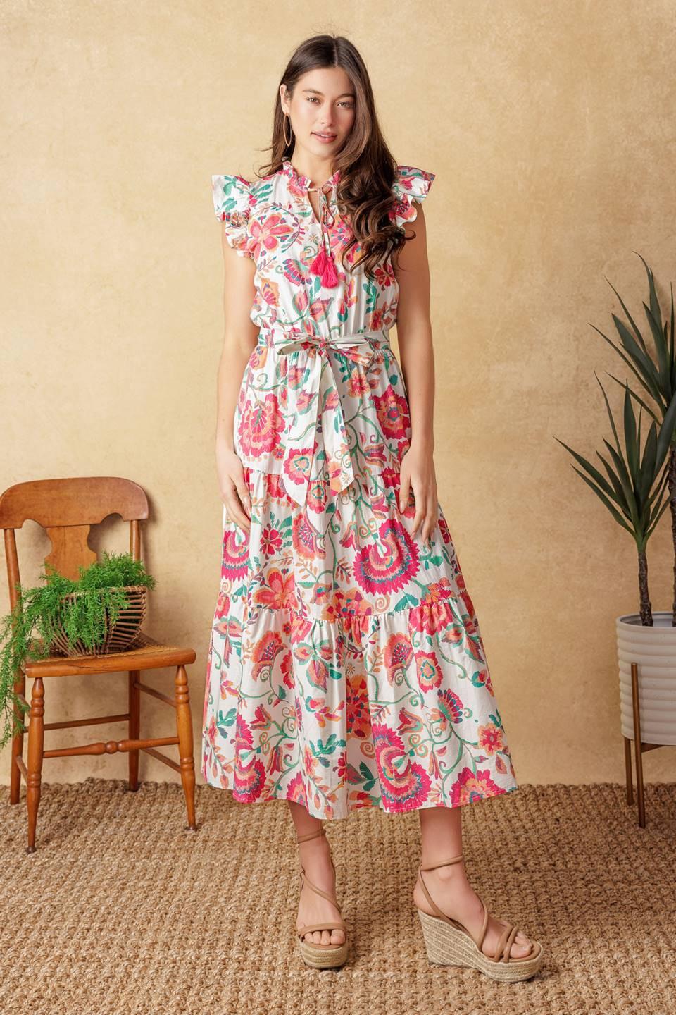 Bright Moments Woven Midi Dress in ivory pink floral, view 1 — Soul Flow Apparel