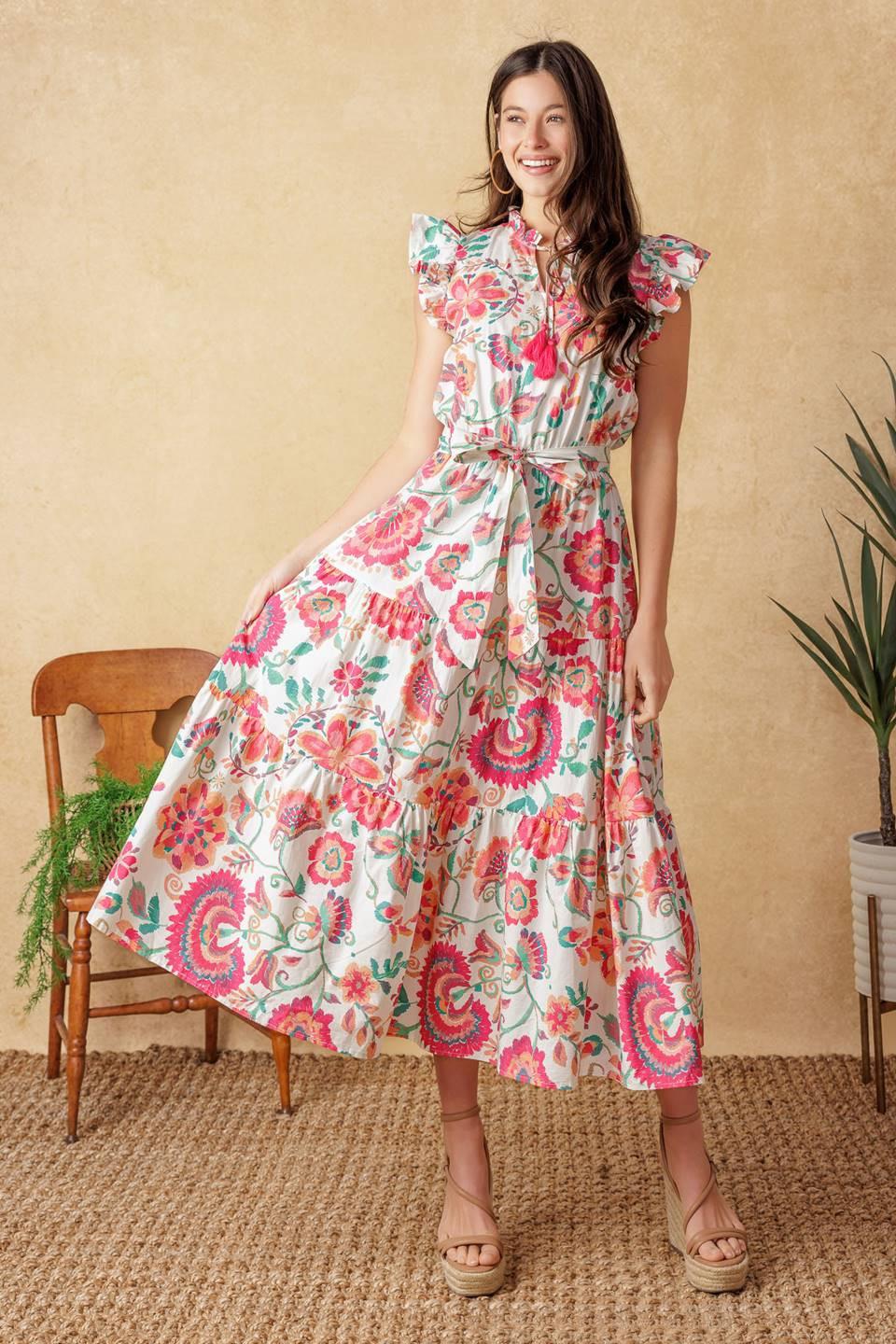 Bright Moments Woven Midi Dress in ivory pink floral, view 3 — Soul Flow Apparel